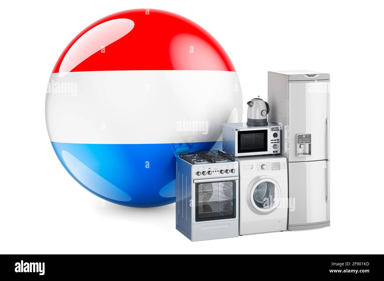 Cuisine et appareils électroménagers avec drapeau luxembourgeois. Production, achat et livraison d'appareils ménagers au Luxembourg concept. rendu 3d iso Banque D'Images