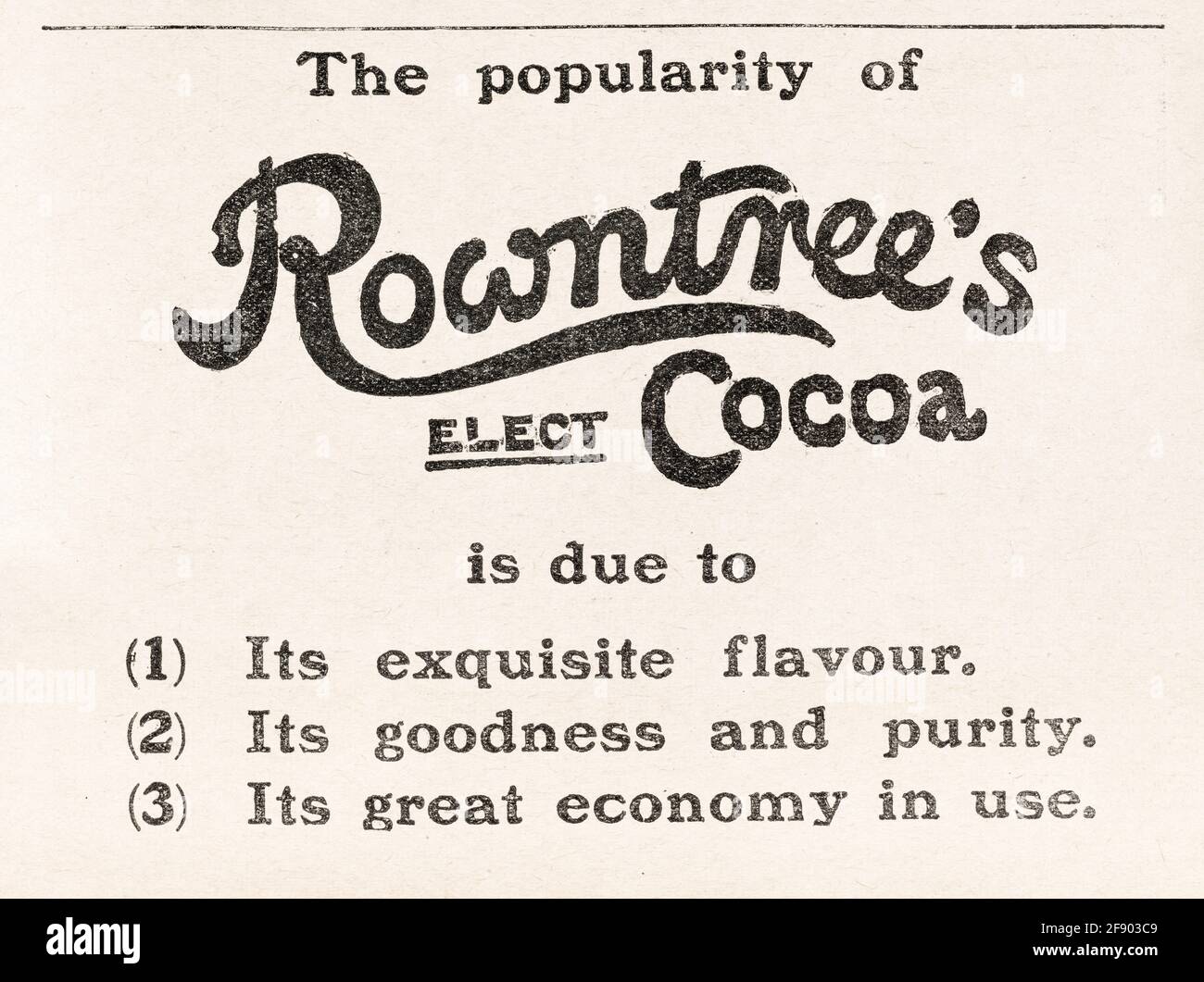 L'ancien victorien a imprimé la publicité au chocolat de Rowntree de 1906 - avant l'aube des normes publicitaires. Histoire du chocolat de Rowntree. Banque D'Images