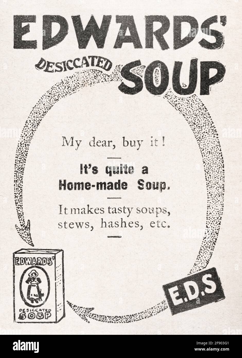 Publicité du magazine Soup séchée de l'époque victorienne d'Edward de 1906 - normes pré-publicité. Vieille publicité alimentaire, vieux produits alimentaires britanniques. Banque D'Images