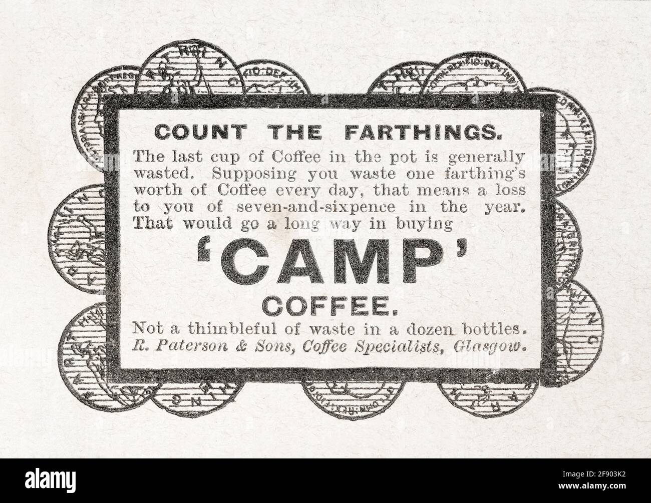 Publicité de l'ancien magazine victorien vintage pour Camp Coffee essence de 1906. Histoire de la publicité, histoire des marques de café et succédanés de café. Banque D'Images