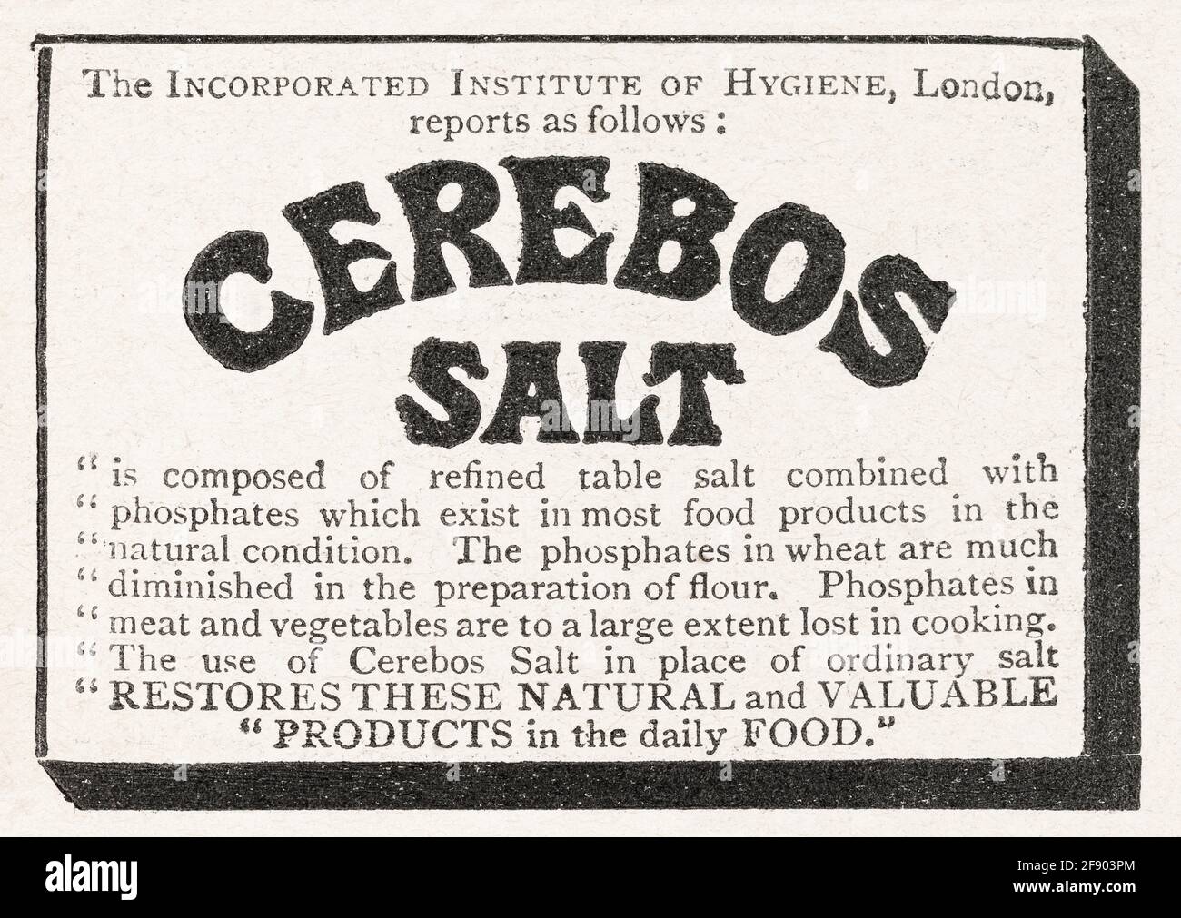 Ancien magazine victorien d'époque Cerebos Salt annonce de 1906 - pré-publicité standards. Cerebos a été l'une des premières marques de sel à fonctionnement libre. Banque D'Images