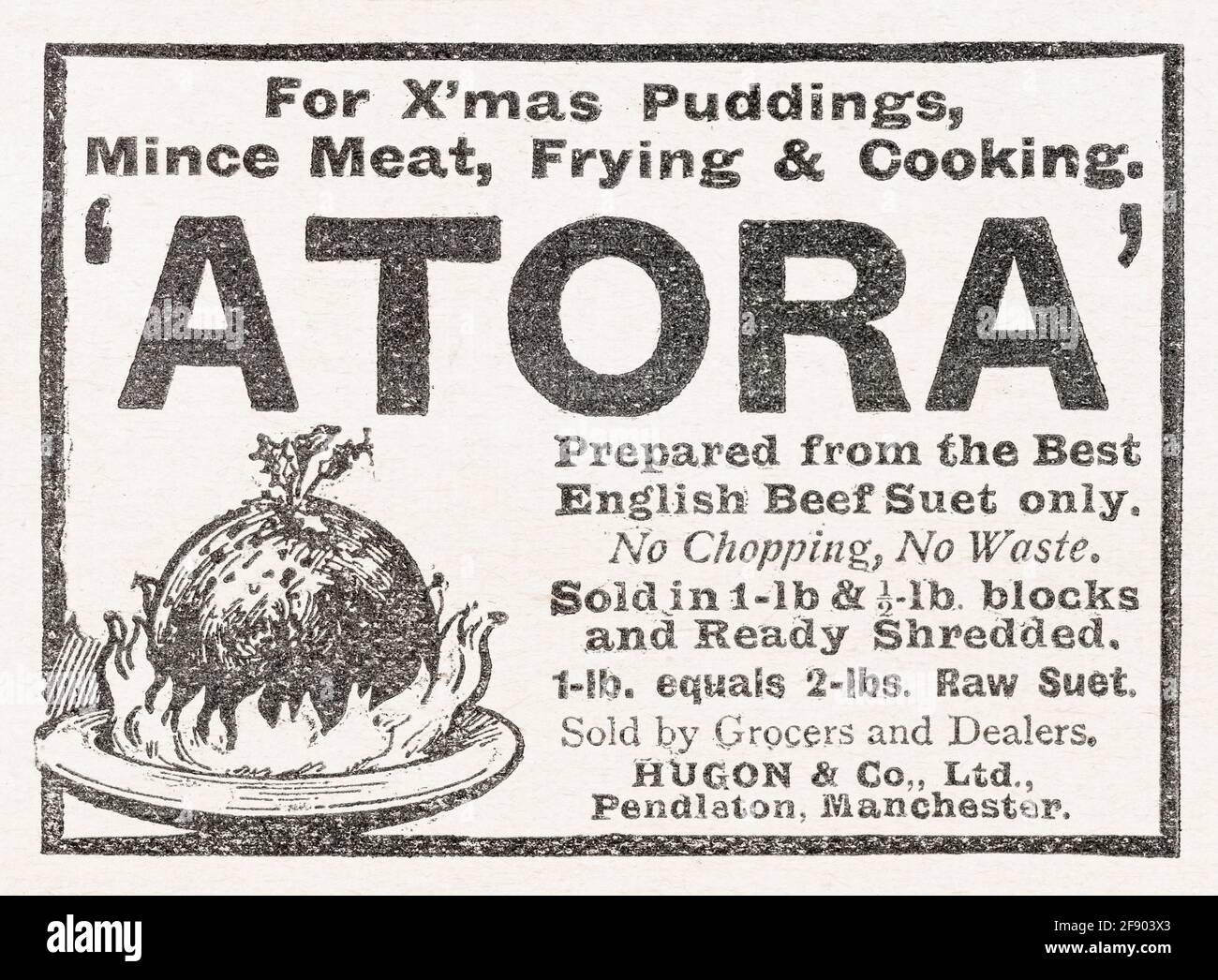 Publicité du magazine Old vintage Victorian Atora Beef suet de 1906 - avant les normes de publicité. Publicité ancienne de nourriture, publicité ancienne célèbre de marque de nourriture. Banque D'Images
