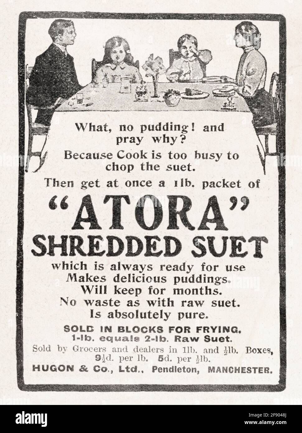 Publicité du magazine Old vintage Victorian Atora Beef suet de 1907 - avant les normes de publicité. Publicité ancienne de nourriture, publicité ancienne célèbre de marque de nourriture. Banque D'Images