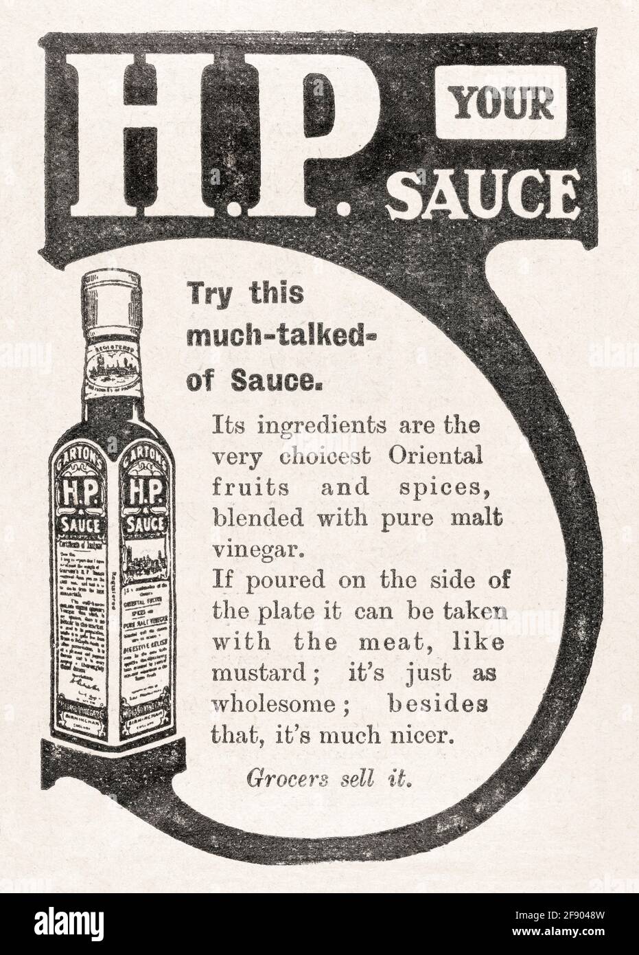 Publicité de 1907 dans le magazine HP sauce de Garton de l'ancien époque victorienne - normes pré-publicitaires. Publicité sur les aliments anciens, publicités sur les produits alimentaires anciens. Banque D'Images