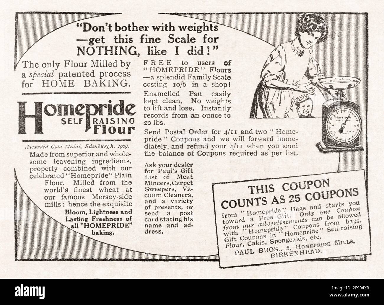 Vieux magazine Edwardian vintage Homepride la publicité de farine de 1912 - pré les normes de publicité. Publicité de farine auto-élevant tôt. Banque D'Images
