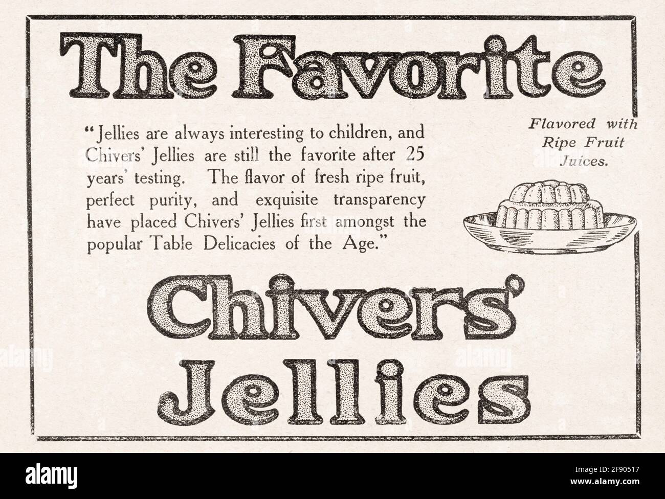 Ancienne publicité du magazine Edwardian Chiver Jelly de 1912 - pré-publicité standard. Publicité de nourriture ancienne, publicités de produits alimentaires anciens, Edwardian Banque D'Images