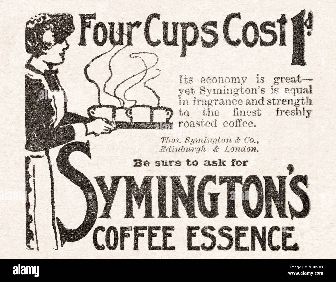 Publicité de l'ancien magazine Edwardian vintage pour l'essence de café de Symington de 1912. Histoire de la publicité, histoire des marques de café. Banque D'Images
