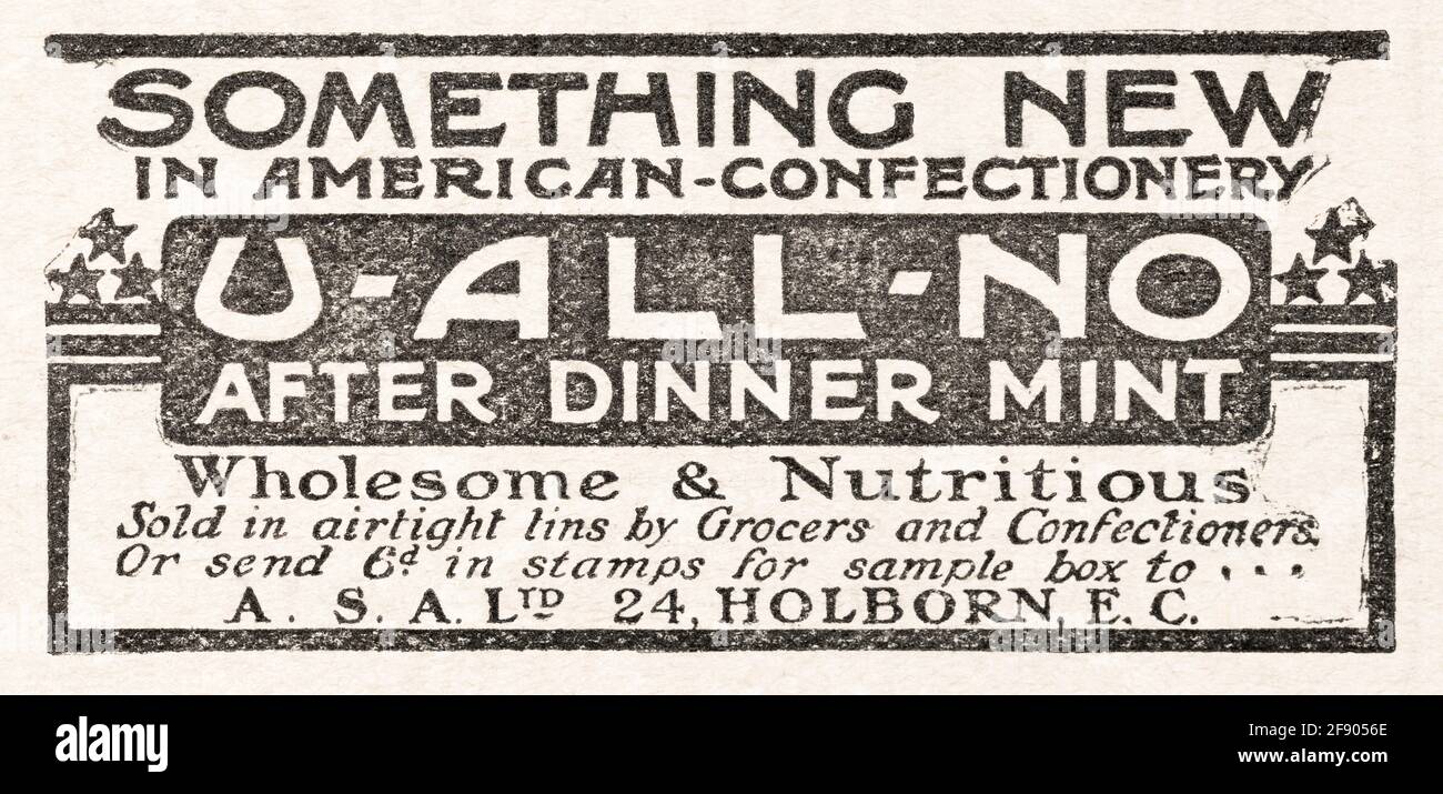 Publicité du magazine Old Edwardian Mint sucreries de 1912 - avant les normes de publicité. Histoire de la publicité sucrée, après les mints de dîner, pub américain de bonbons. Banque D'Images