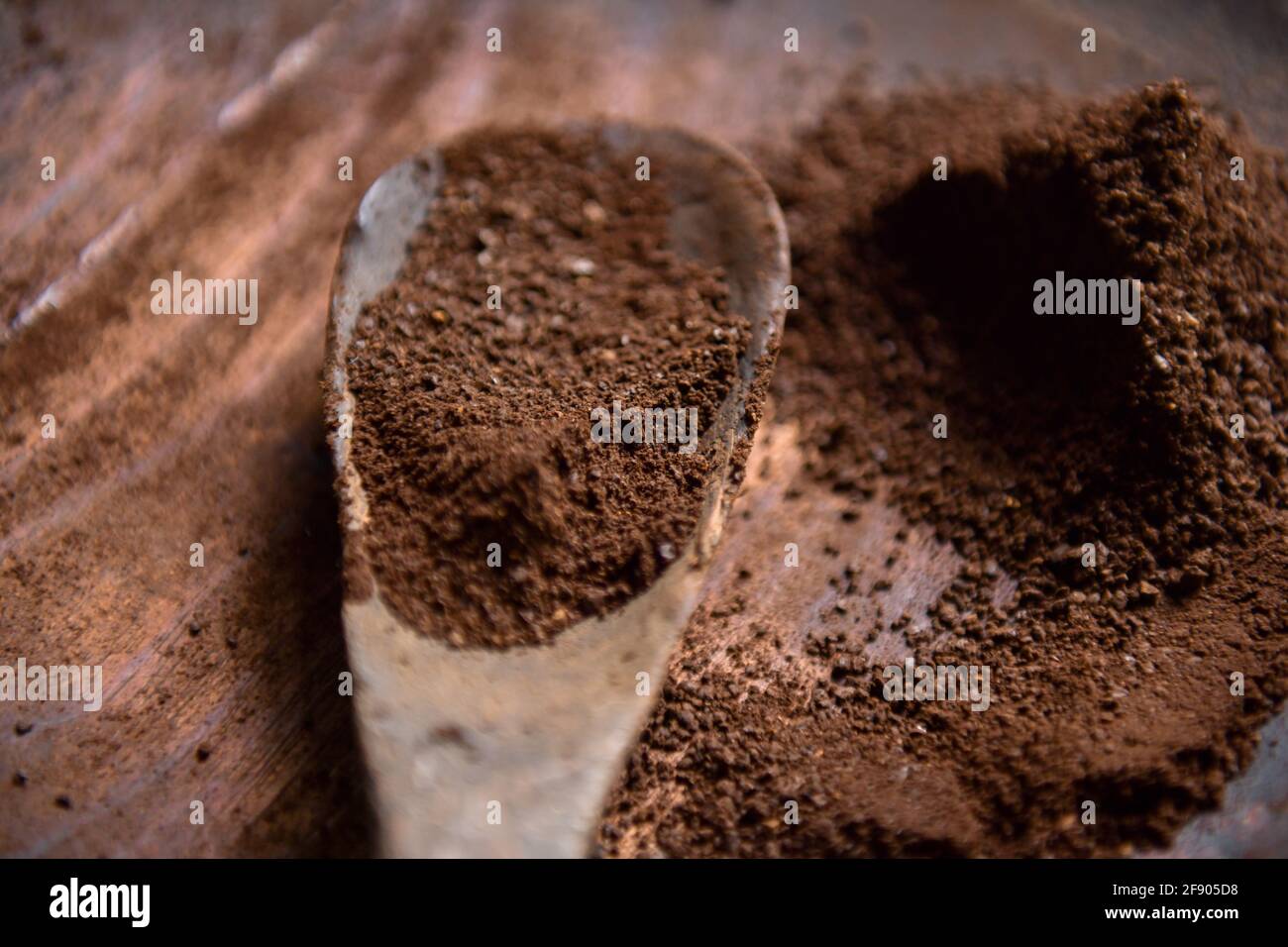 Gros plan d'une cuillère en bois avec poudre de grains de café rôtis Banque D'Images
