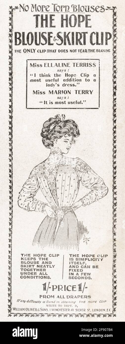 Vieux vintage victorien papier journal vêtements / publicité de mode de 1907 - avant les normes de publicité. Publicité de vieux vêtements, publicité de mode ancienne. Banque D'Images