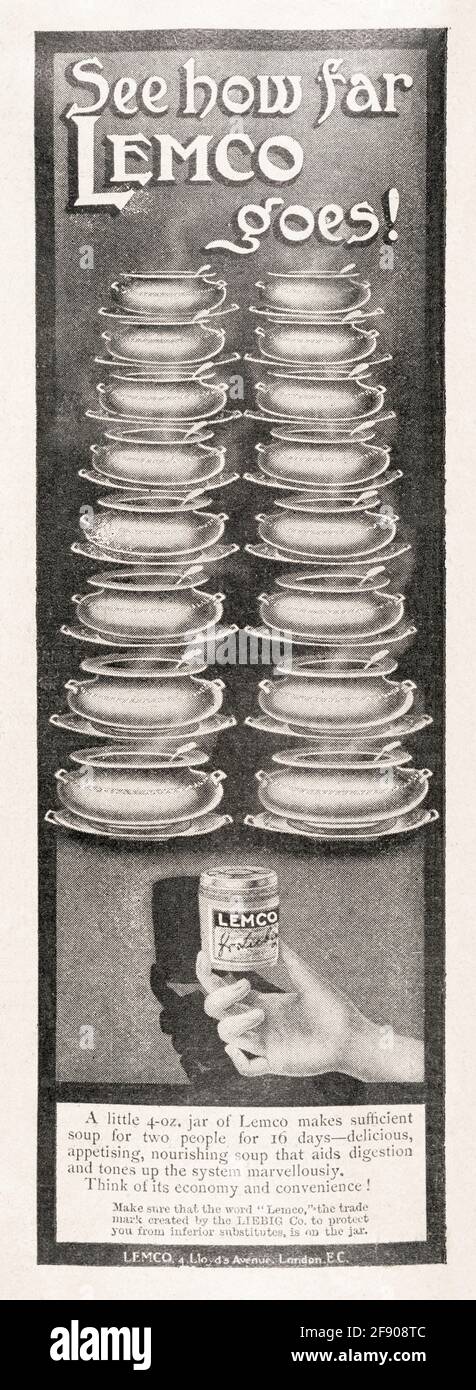 Ancienne publicité victorienne Lemco potage / magazine de bouillon de 1907 - avant les normes de publicité. Métaphore bonnes manières de table. Voir les remarques. Banque D'Images