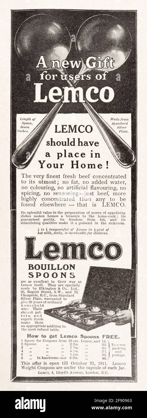 Ancienne publicité Edwardian Lemco potage / magazine de bouillon de 1912 - avant les normes de publicité. Métaphore bonnes manières de table. Voir les remarques. Banque D'Images