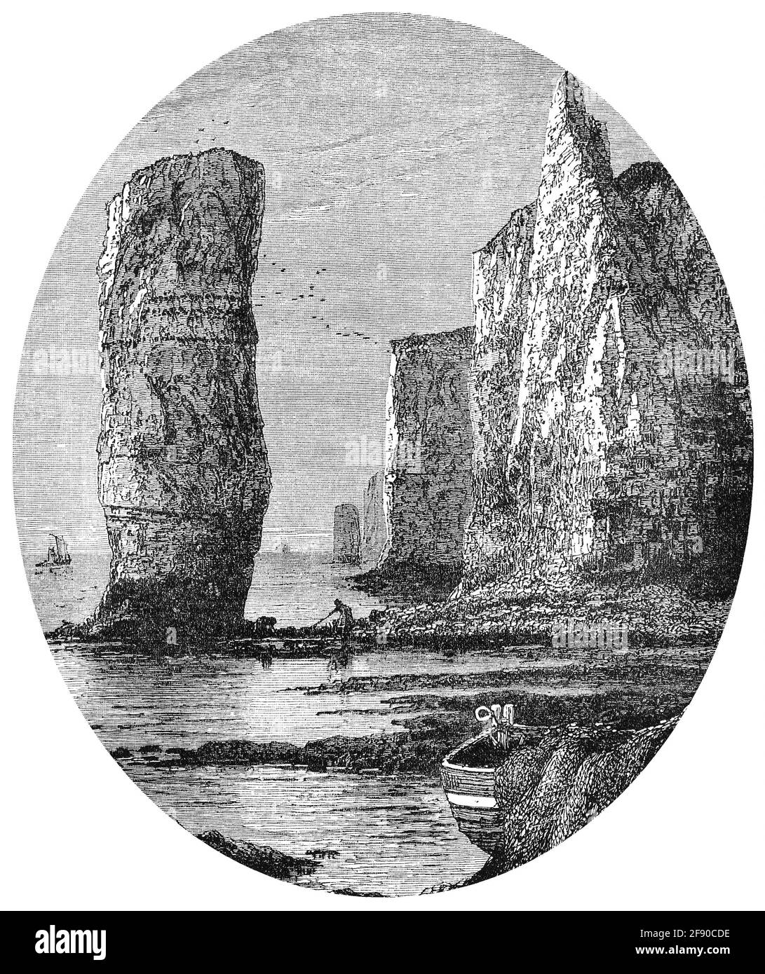 1887 gravure vintage des Old Harry Rocks, formations de craie à Handfast point sur l'île de Purbeck à Dorset, en Angleterre. Banque D'Images