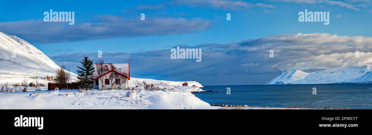 Maison et littoral enneigés, Dalvik, Islande Banque D'Images