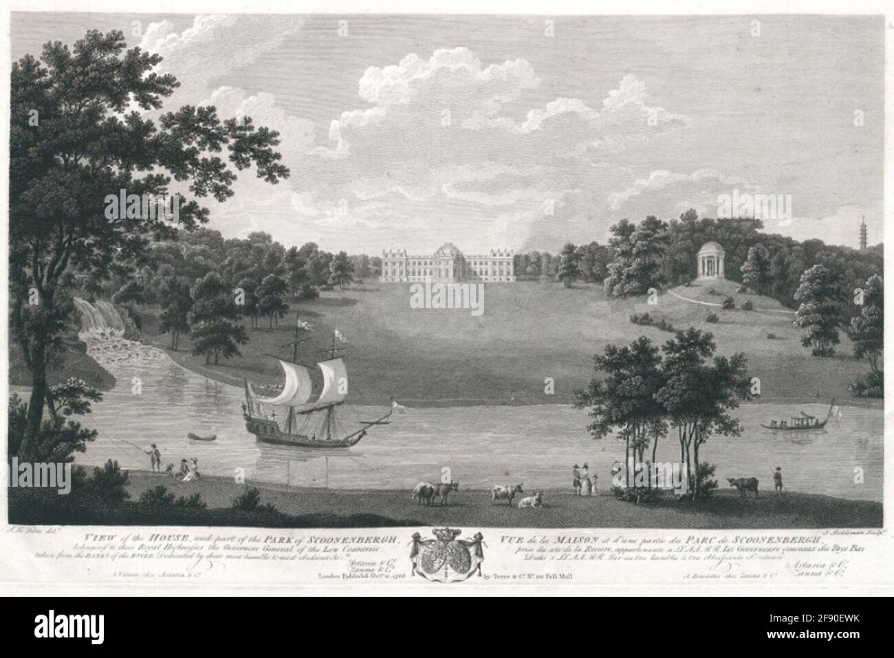 Vue sur la maison, et une partie du parc de Scoonenbergh Belongin à leurs Altesses Royales les gouverneurs généraux des pays Bas pris des rives de la rivière. Vue sur la maison et une partie du parc Scoonenbergh, prise sur le côté de la Rivière, appartenant à LL. AA. FR. Les gouverneurs généraux des pays-Bas ont été dictés par leurs servants les plus humbles et les plus obéissants Banque D'Images