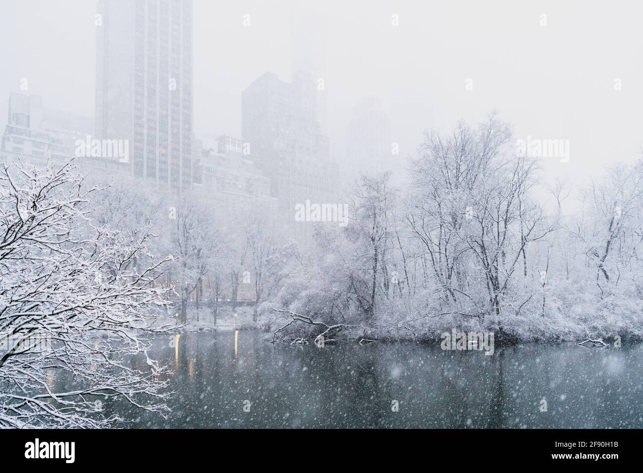 Chute de neige au-dessus de l'étang dans le parc d'hiver de la ville Banque D'Images