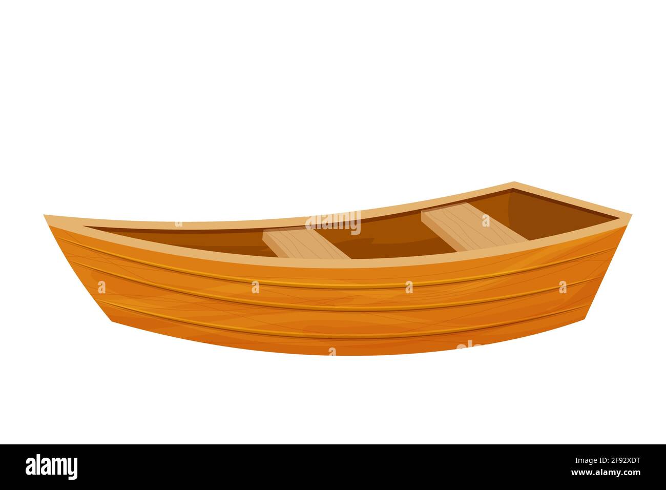 Bateau en bois, canoë en dessin animé de style plat isolé sur fond blanc. Matériel de pêche pour lac ou mer. Transport rétro petit format. Illustration vectorielle Illustration de Vecteur