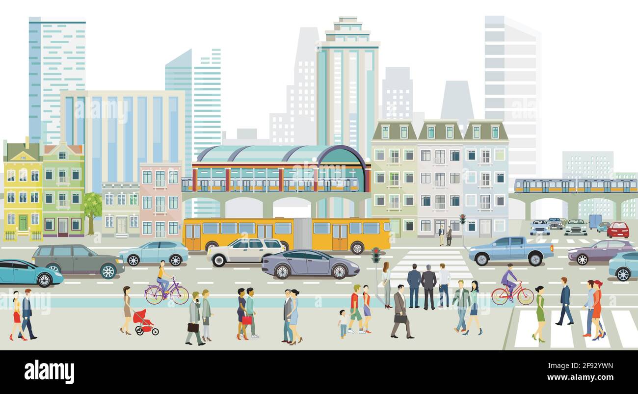 Silhouette de ville avec circulation routière et train surélevé, les gens sur le trottoir Illustration de Vecteur