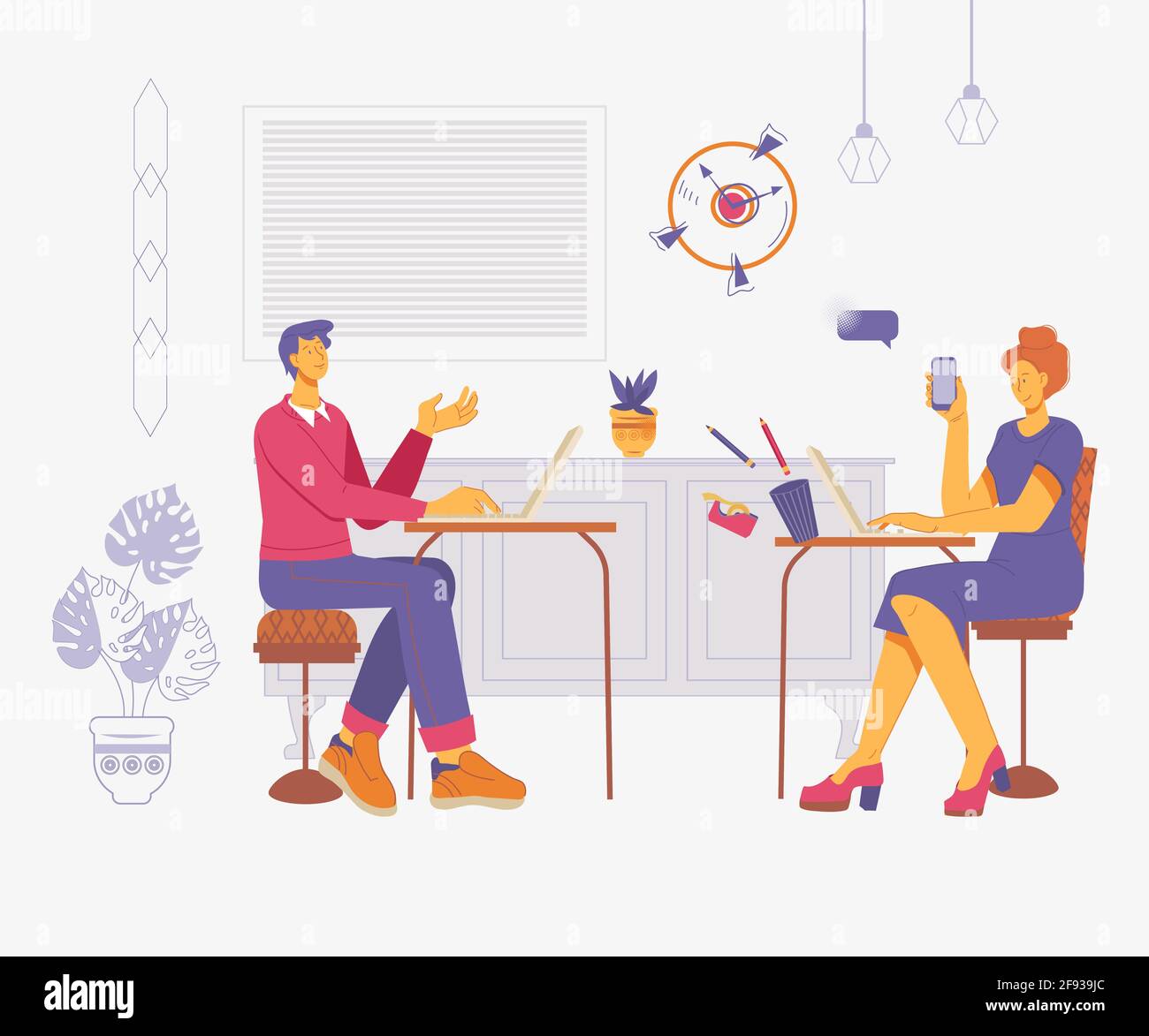 Collègues sur le lieu de travail qui communiquent et travaillent sur des ordinateurs. Employés de bureau travaillant dans un environnement de travail partagé de bureau ou de collègue en espace ouvert Illustration de Vecteur