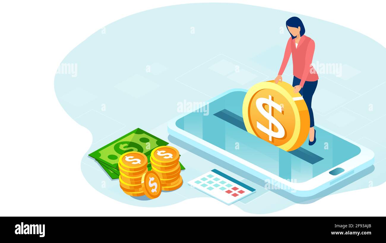 Vecteur d'une femme d'affaires effectuant un dépôt d'argent par mobile application Illustration de Vecteur