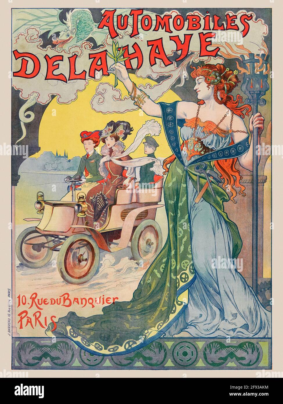 Affiche publicitaire vintage restaurée. Automobiles Delahaye 10 rue du Banquier Paris. Artiste inconnu. Affiche publiée en 1898 en France. Banque D'Images