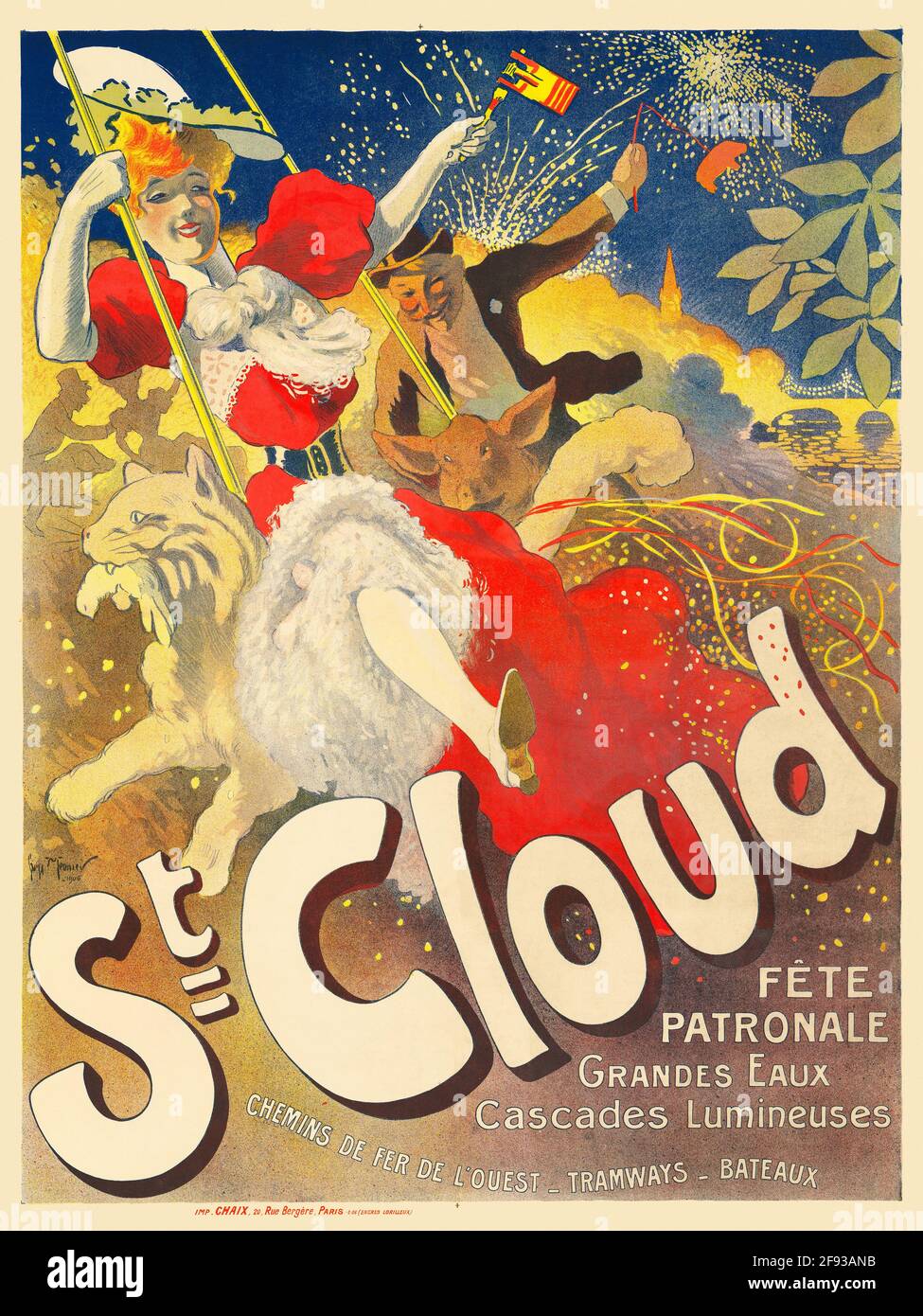 St. Cloud. Fête patronale, grandes eaux, cascades lumineuses de Gaston la touche (français, 1854-1913). Affiche publicitaire ancienne restaurée initialement publiée en 1895 en France. Banque D'Images