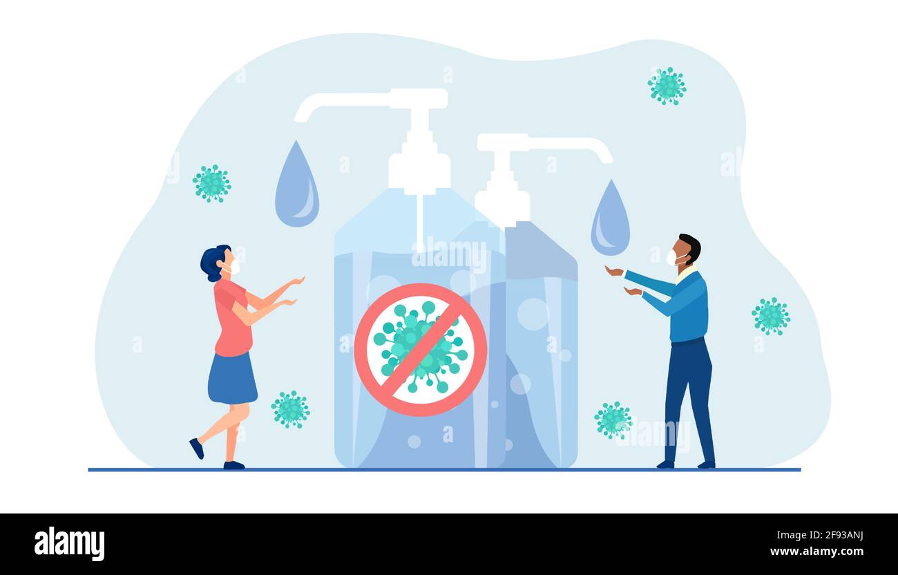 Vecteur d'un homme et d'une femme portant des masques de visage se lavant mains utilisant un désinfectant pour les mains pour prévenir l'infection par le coronavirus Illustration de Vecteur