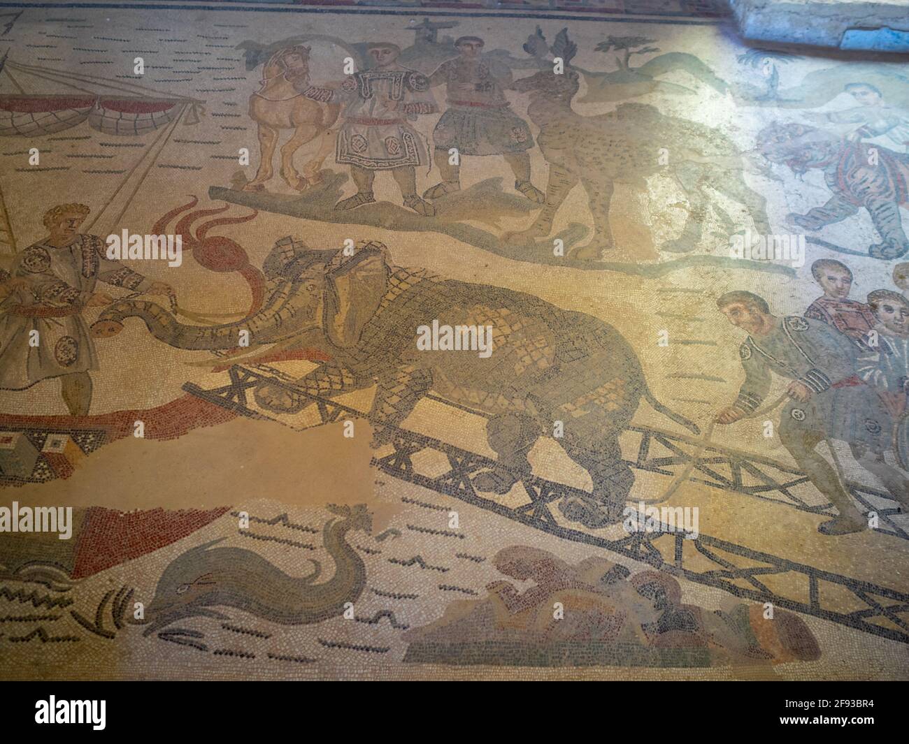 Hommes prenant un éléphant à un bateau, mosaïque de détail de l'Ambulatoire de la Grande chasse, Villa Romana del Casale Banque D'Images