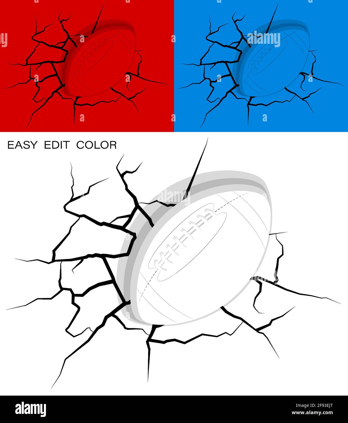Le ballon pour le football américain frappe le mur puissamment et endommagé, fissures sur le mur. Élément de design sportif. Mode de vie actif. Vecteur sur fond blanc ou couleur Illustration de Vecteur