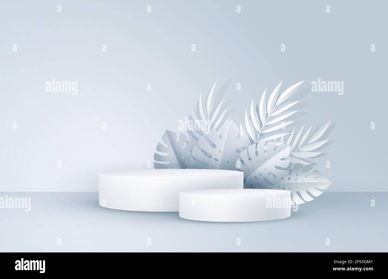 Scène blanche minimaliste avec formes géométriques et feuilles de palmier. Podium cylindrique sur fond jaune. Etape 3D pour l'affichage d'un produit cosmétique Illustration de Vecteur