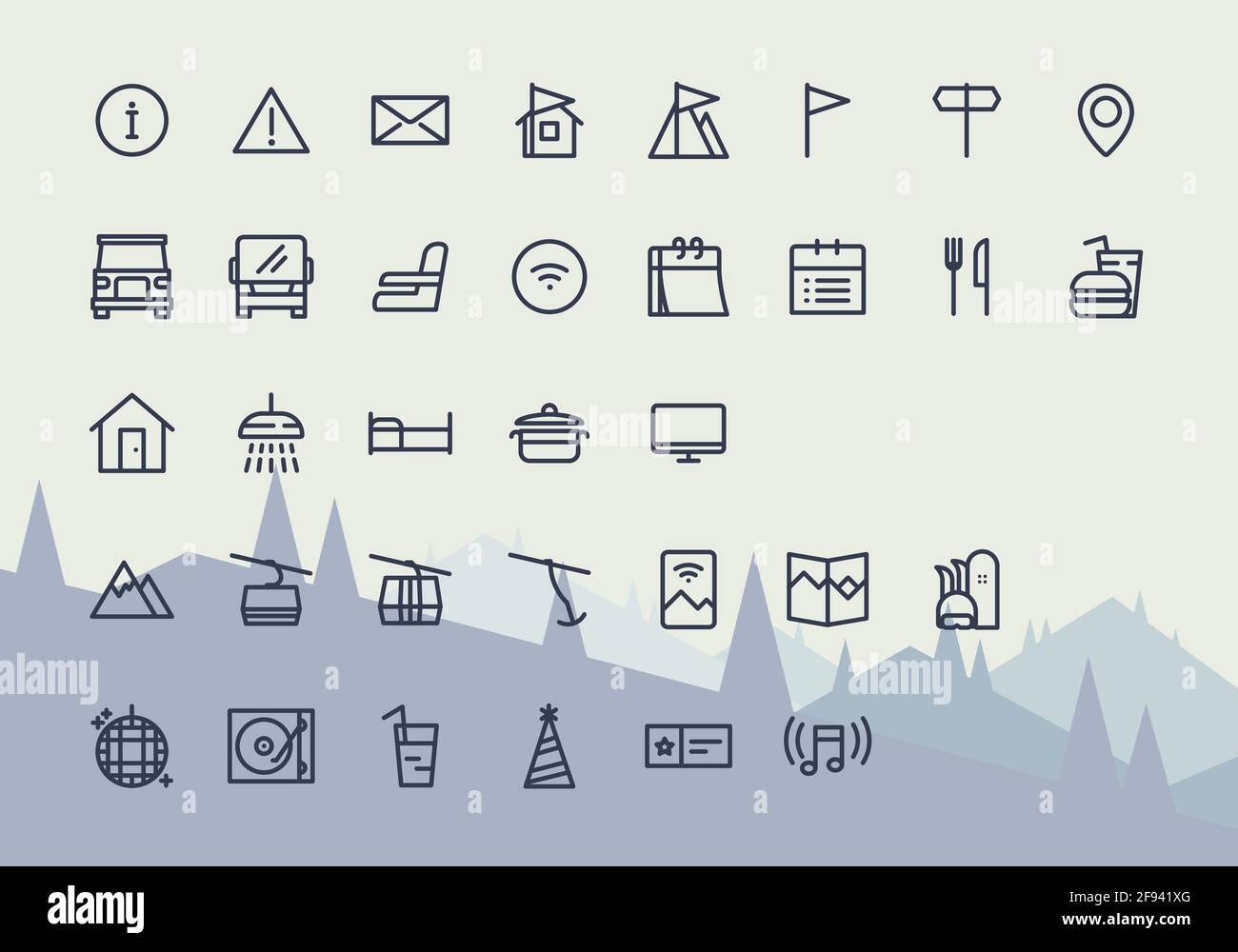 Station de ski Icon Set, hôtel et collection d'hospitalité. Symboles avec des objets liés aux montagnes, au tourisme, à l'extérieur, au snowboard et au ski Illustration de Vecteur