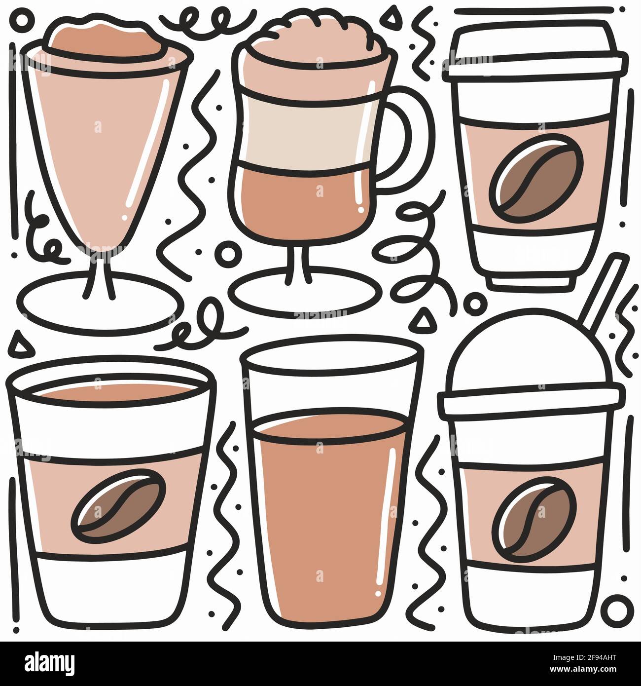 ensemble de verres à café dessinés à la main Illustration de Vecteur
