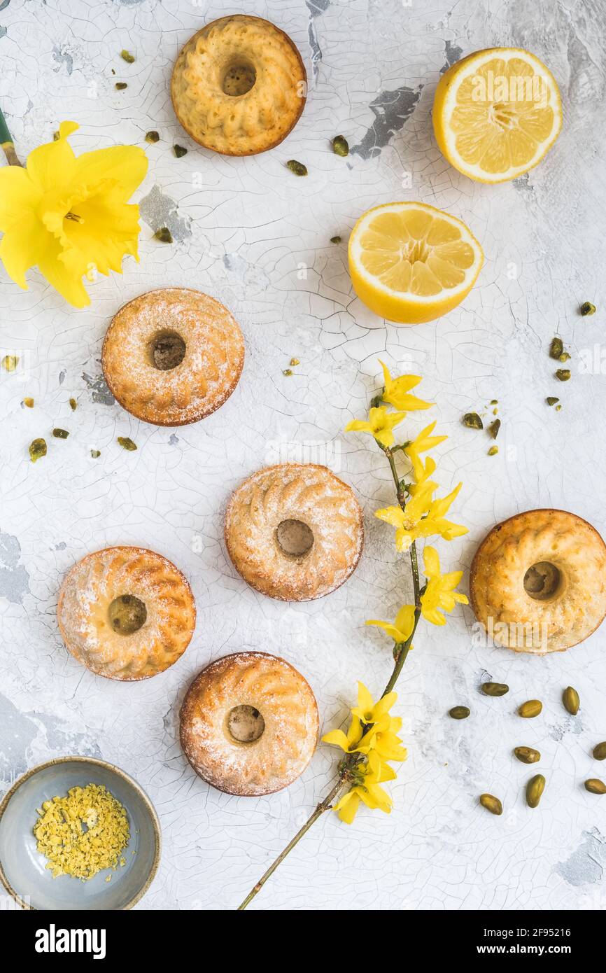 Petits gâteaux faits maison au citron (muffins) sur fond blanc, vue de dessus Banque D'Images