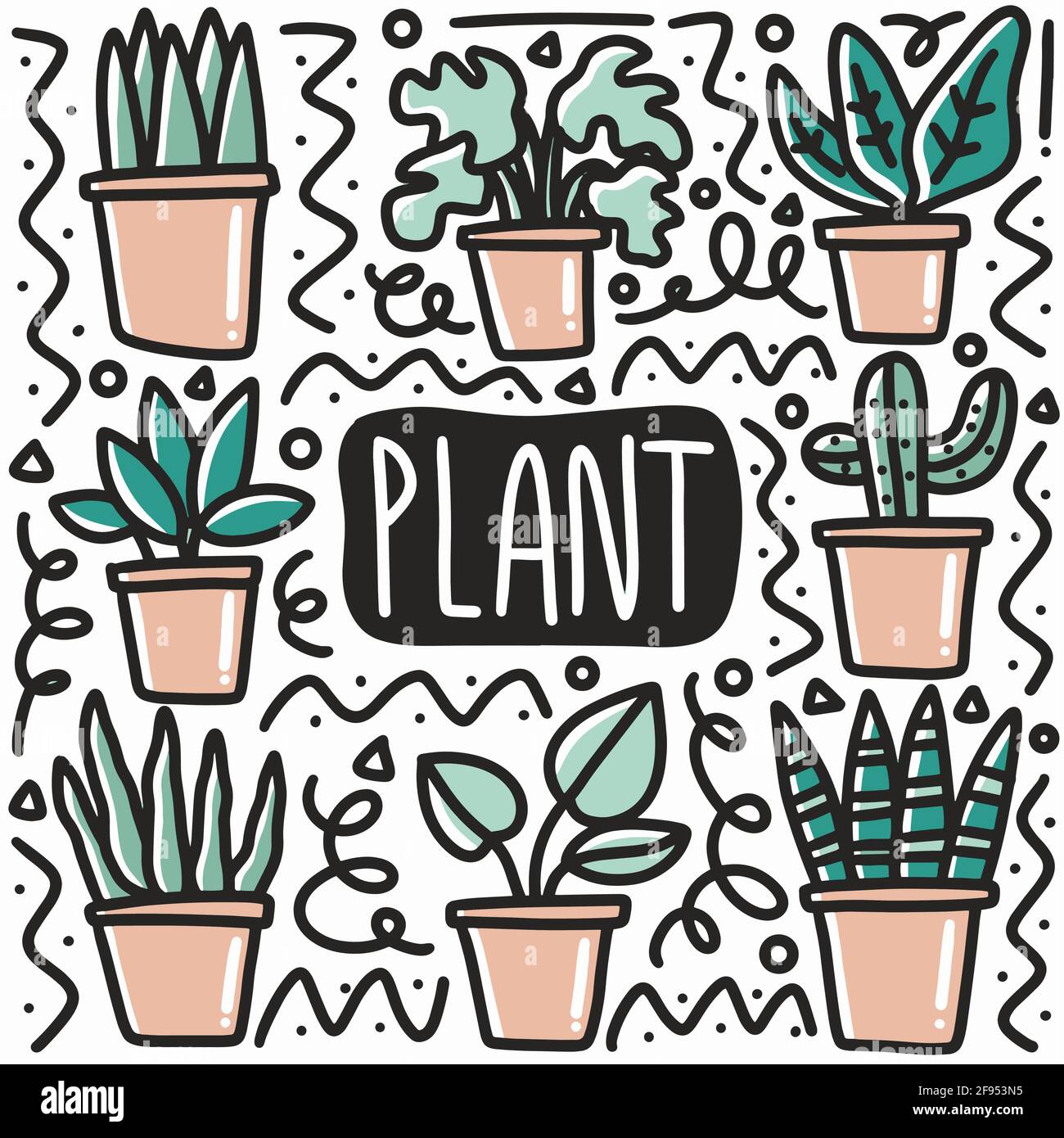ensemble de caniche à plantes dessinées à la main Illustration de Vecteur