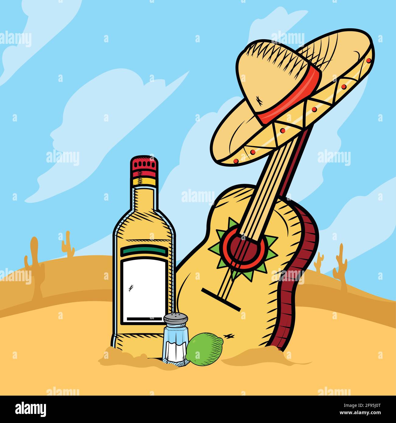 tequila et guitare dans le désert Image Vectorielle Stock - Alamy