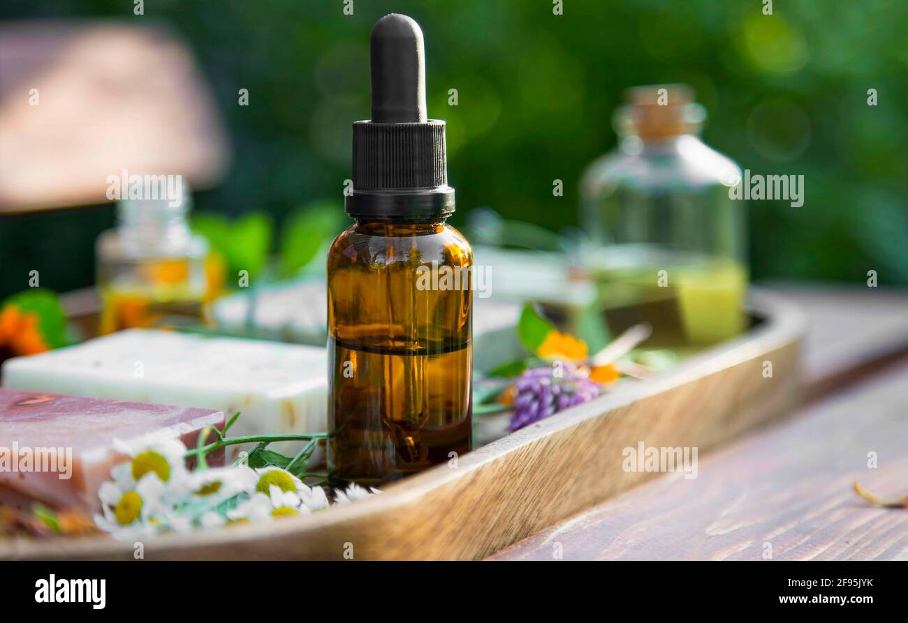 Bouteille d'huile essentielle d'aromathérapie, plantes et huile Banque D'Images