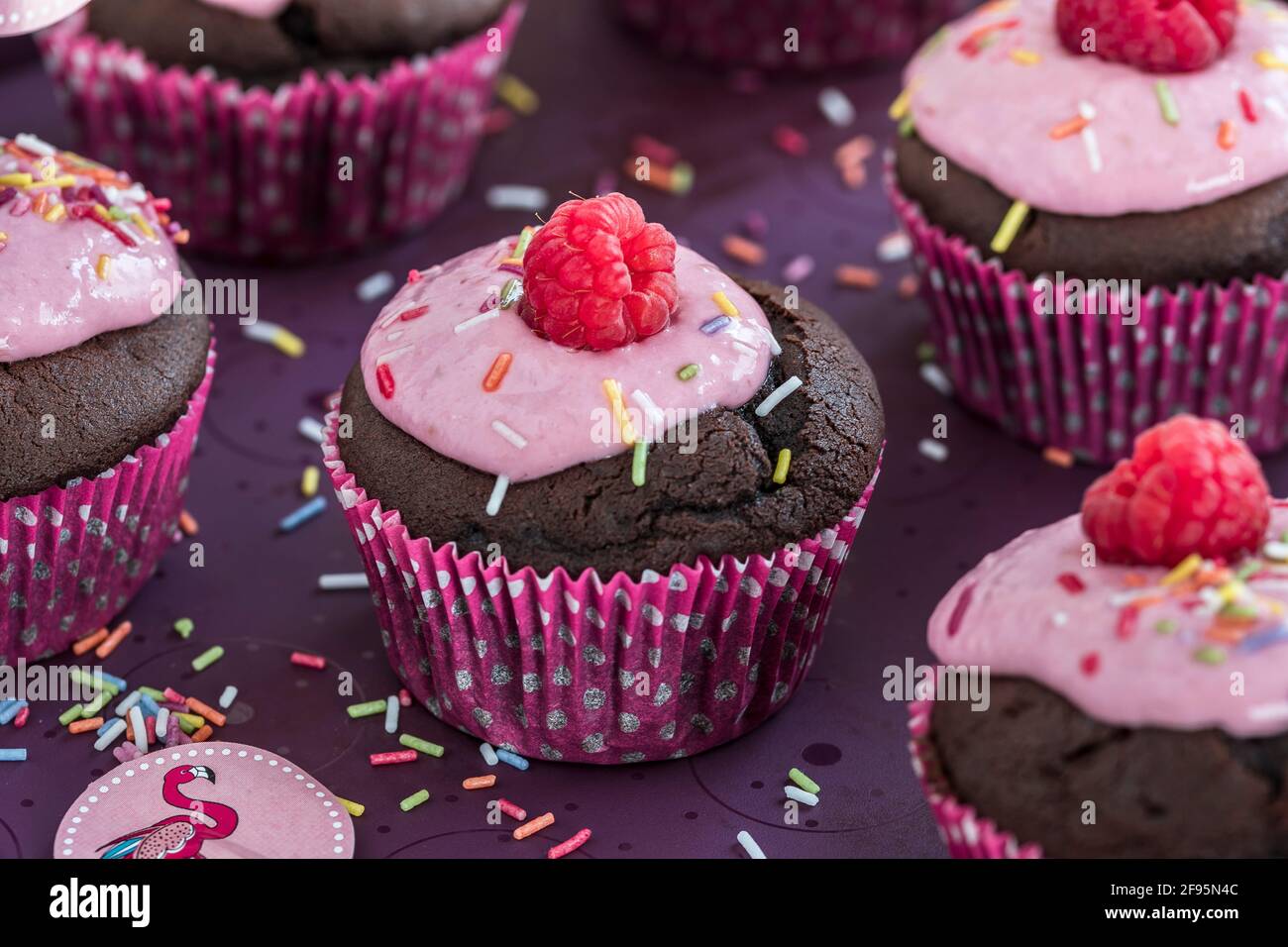 Cupcakes au chocolat avec crème à la framboise, framboises entières, saupoudrées de sucre et décoration d'été. Gros plan. Banque D'Images