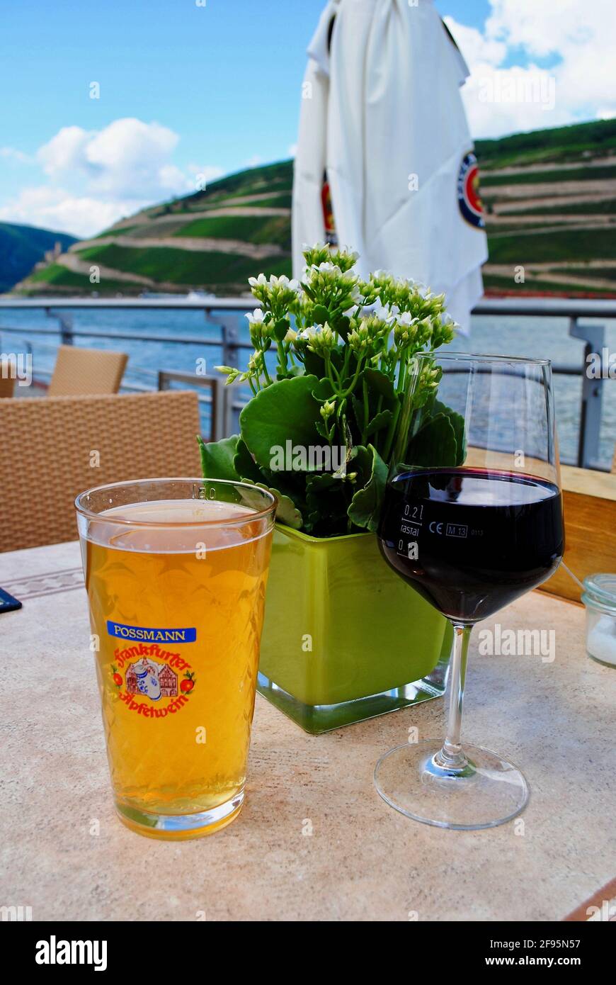 Deux verres, Possmann Frankfurter Apfelwein et vin rouge, table avec fleurs. Rivière Rhein et vignobles. Bingen am Rhein, Allemagne. Banque D'Images