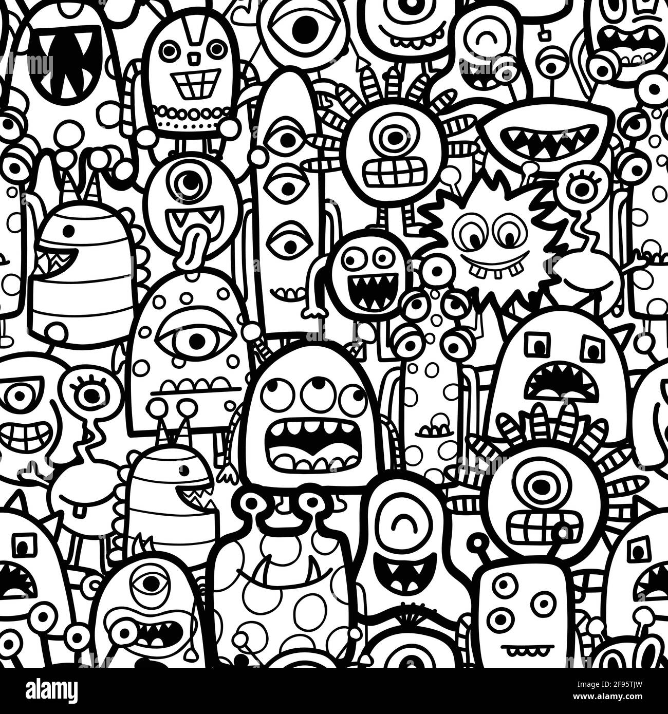Monstres amusants et extraterrestres sans couture motif vectoriel pour livre de coloriage. Arrière-plan répétitif pour enfants en noir et blanc. Illustration de dessin au trait dessinée à la main pour Illustration de Vecteur