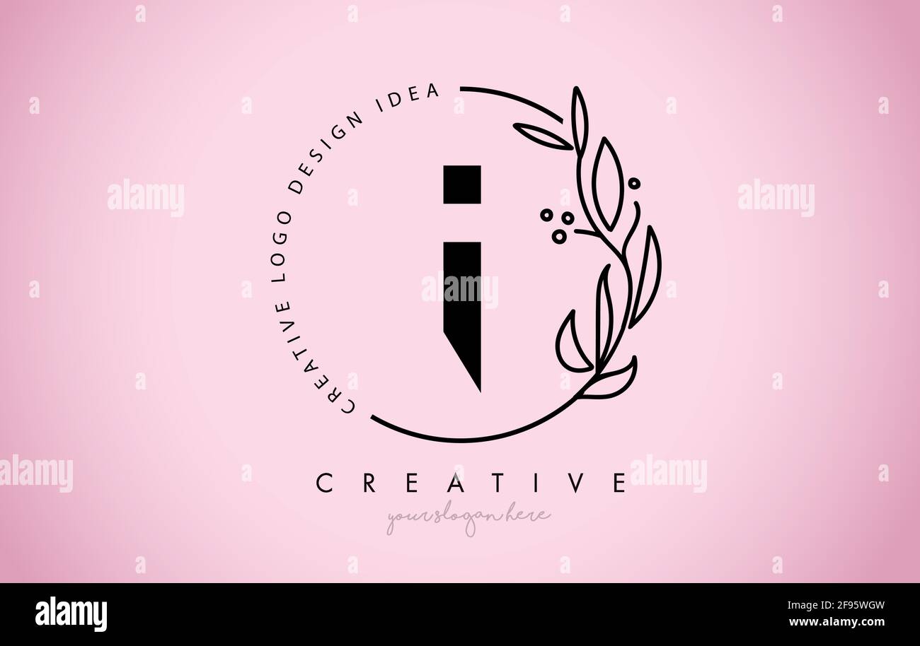 I lettre motif floral logo avec l'élégante feuille originale Monogram ligne de branche vecteur et rose noir de couleurs Illustration. Illustration de Vecteur