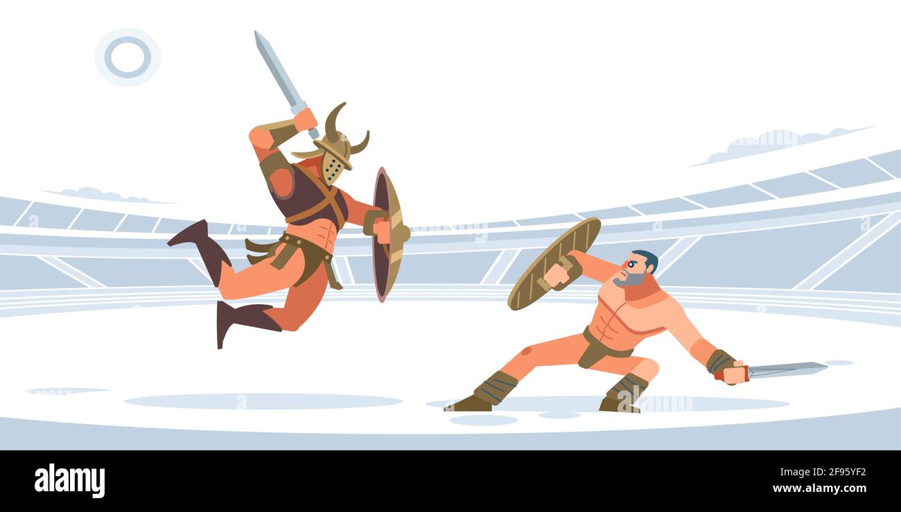 Les guerriers spartiates se battent dans l'arène des gladiateurs. Combat gladiateur. Thrace vs Spartacus. Illustration vectorielle isolée. Style dessin animé plat Illustration de Vecteur