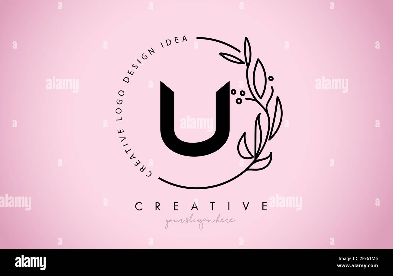U logo floral lettre avec illustration de la ligne de branche originale élégante à motif de Monogramme de feuilles et de couleurs noires roses. Illustration de Vecteur