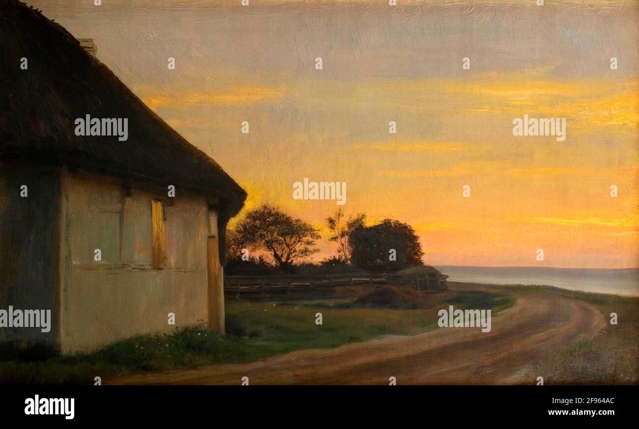 Paysage nocturne avec une maison et un jardin au bord de la mer. Ellekilde par Carl Heinrich Bloch (1834-1890), huile sur toile, 1880 Banque D'Images