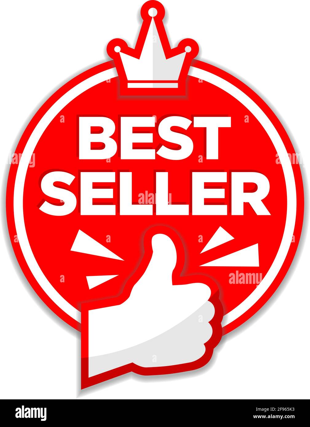 Publicité autour autocollant meilleur vendeur avec pouce rouge vers le haut et couronne. Illustration, vecteur sur fond transparent Illustration de Vecteur