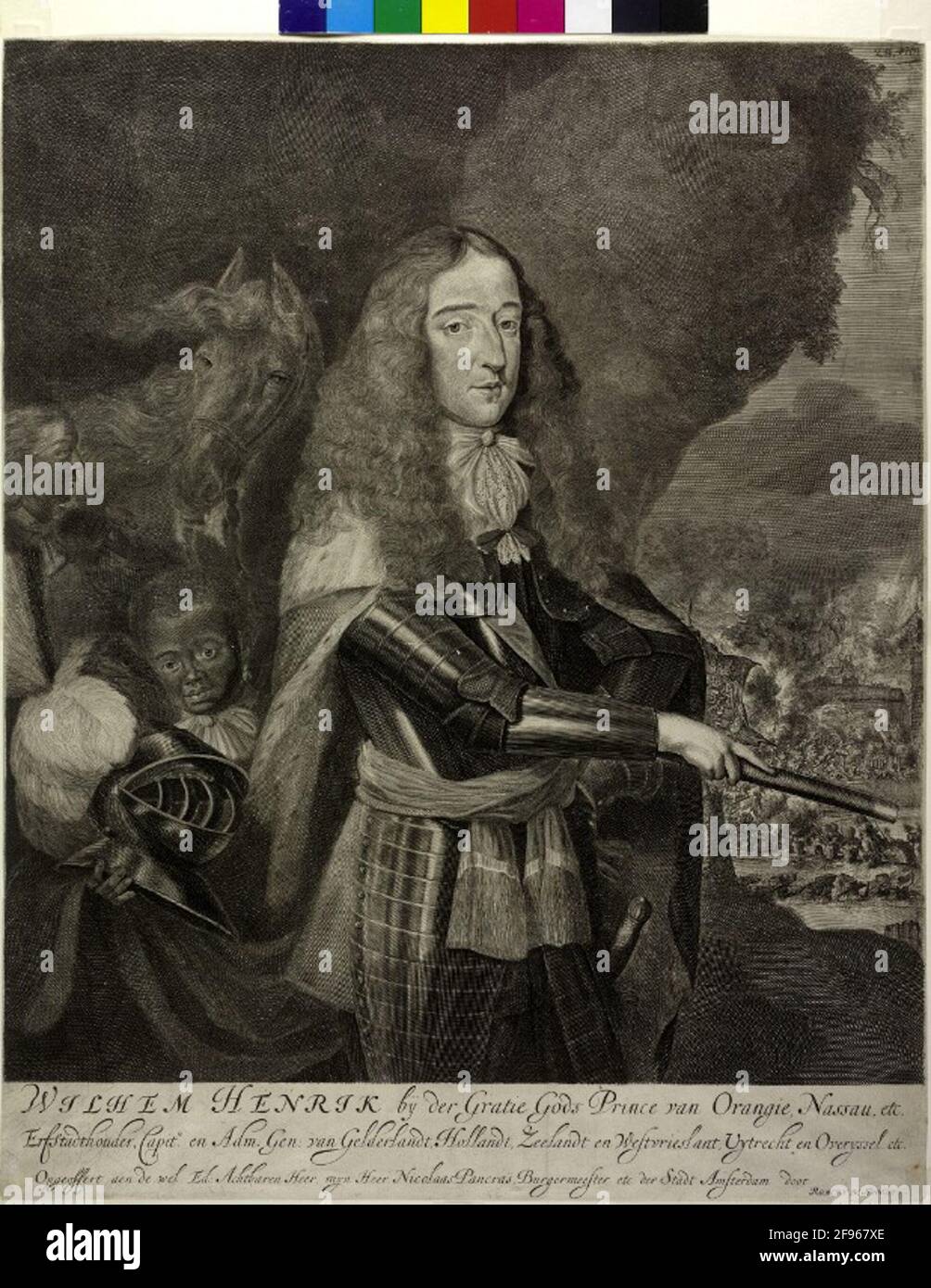 Guillaume III., prince d'Orania, roi d'Angleterre à l'âge de 23 ans [cf Wurzbach, NDL. Kü-Lex. I, p.719] en tant que commandant en chef au premier plan d'une lutte pour l'attachement: Course rapide au genou debout, à moitié à droite, avec Allonhaar; À Harnisch avec une chaussure à visière, une bandoulière, un bandage en fibre autour de la taille, un manteau dos hermelin-locked, qui est tenu avec son casque à ressort d'un garçon Azfrican noir debout derrière lui; derrière lui, un serviteur avec son cheval; Le tout sous un levé au sol, qui libère la vue de la scène de combat juste; dans ses troupes de premier plan au cou par l'eau Banque D'Images