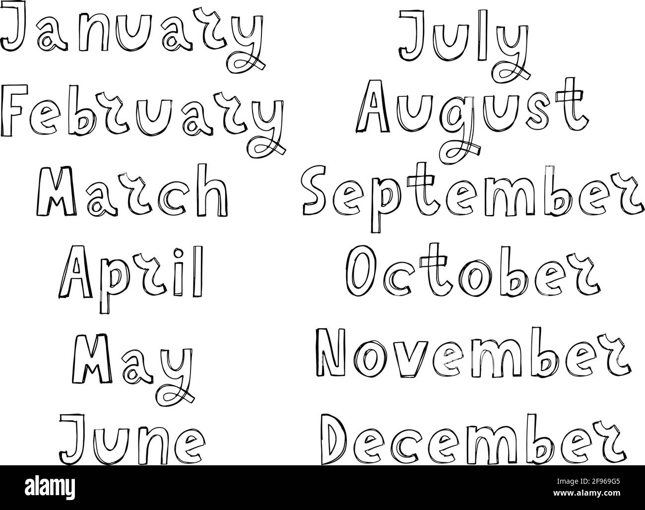 Noms manuscrits des mois : décembre, janvier, février, mars, avril, Mai, juin, juillet août septembre octobre novembre Calligraphie mots pour calend Illustration de Vecteur