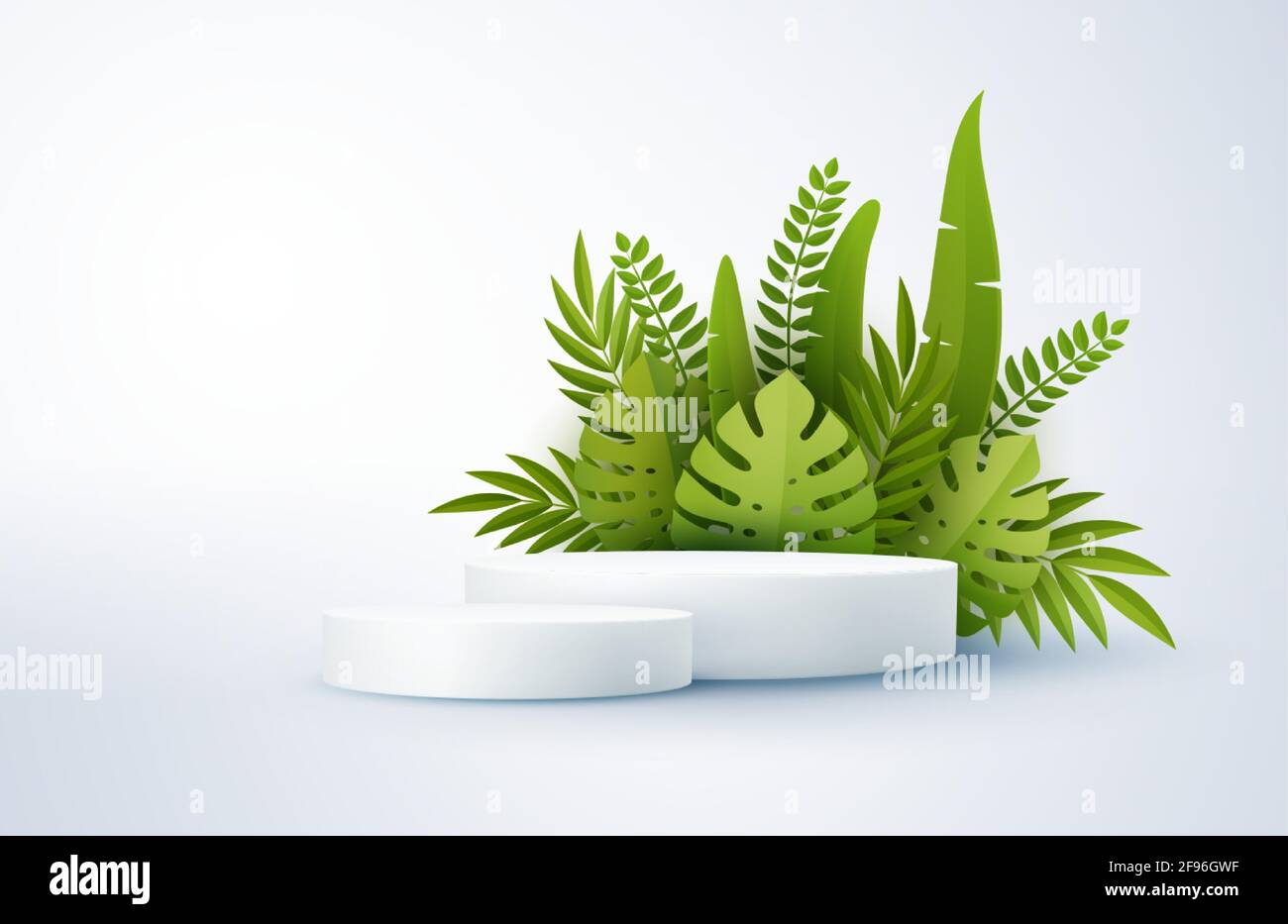Scène blanche minimaliste avec formes géométriques et feuilles de palmier vertes. Podium cylindrique sur fond jaune. Etape 3D pour l'affichage d'un produit cosmétique Illustration de Vecteur