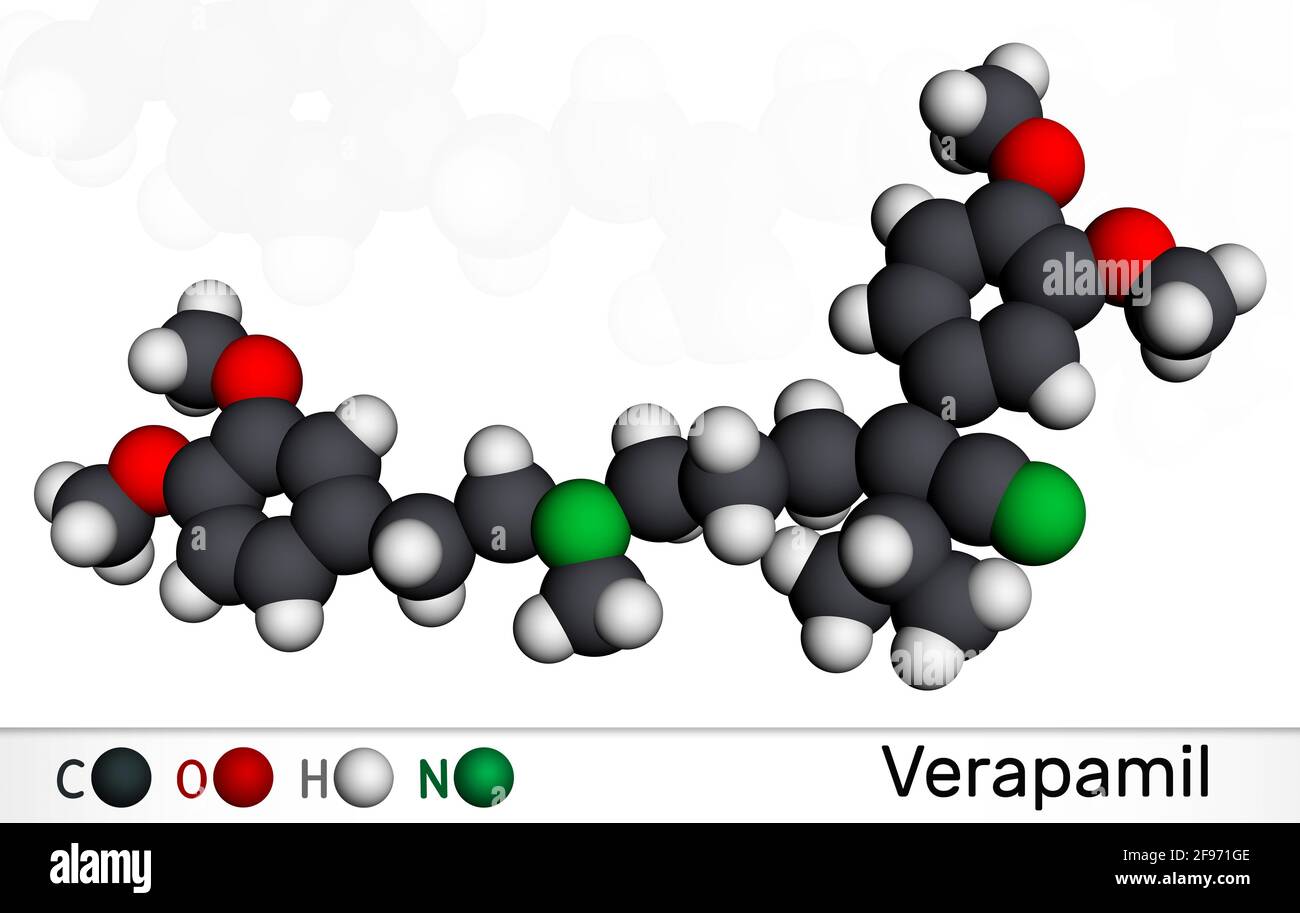 Molécule de vérapamil. Il s'agit d'un bloqueur des canaux calciques utilisé dans le traitement de l'hypertension artérielle, des arythmies cardiaques, de l'angine. Modèle moléculaire. Rendu 3D. Banque D'Images
