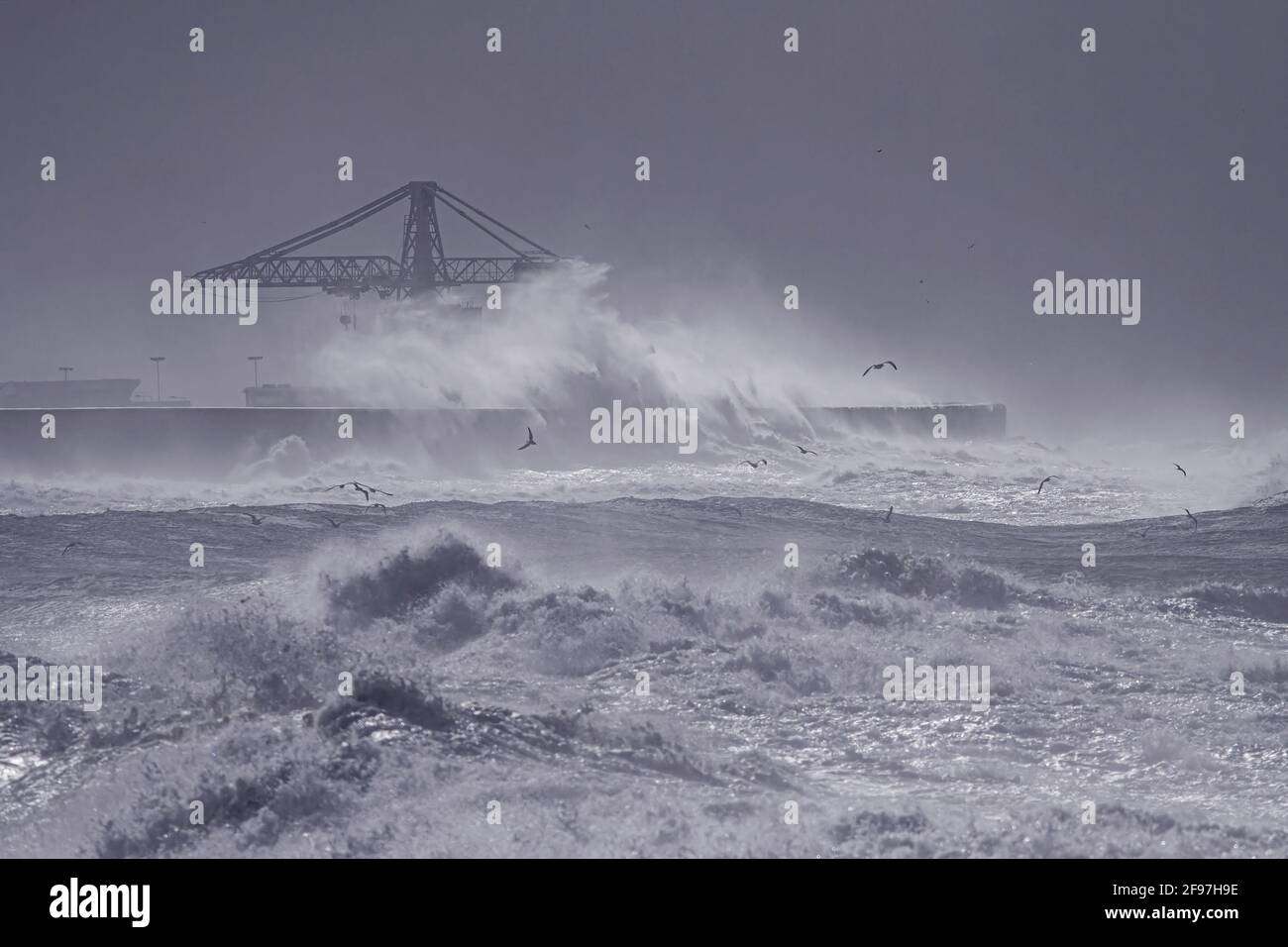 Leixoes port mur nord sous une forte tempête. Bleu ton. Banque D'Images