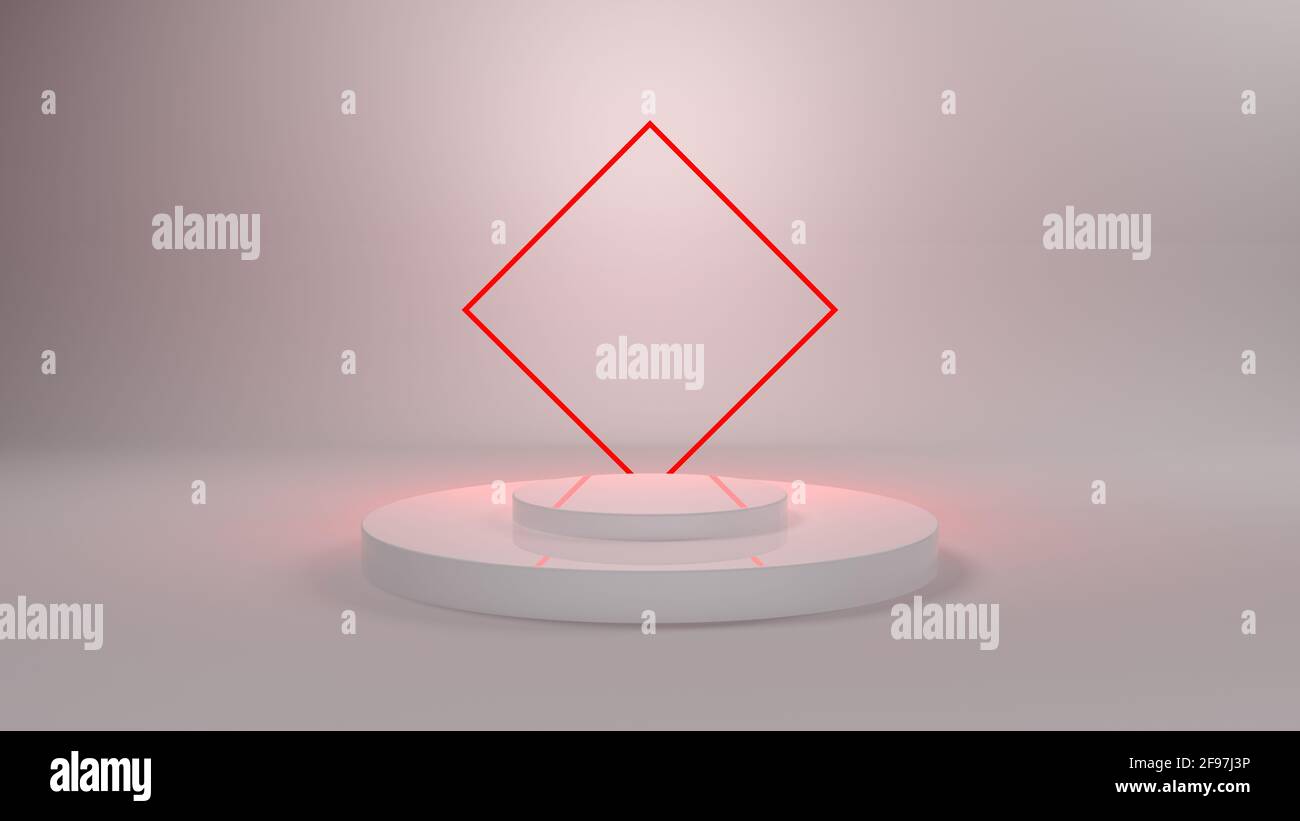 Podium 3D blanc avec néon rouge pour la présentation des emballages. Affichage du produit avec des textures en plastique blanc. illustration 3d. Banque D'Images